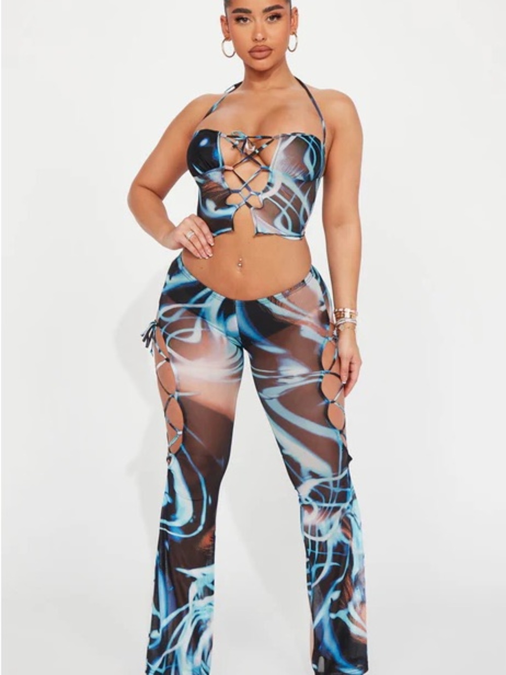 Fashion nova Sheer Blue Swirl Lace-Up Mesh Jumpsuit